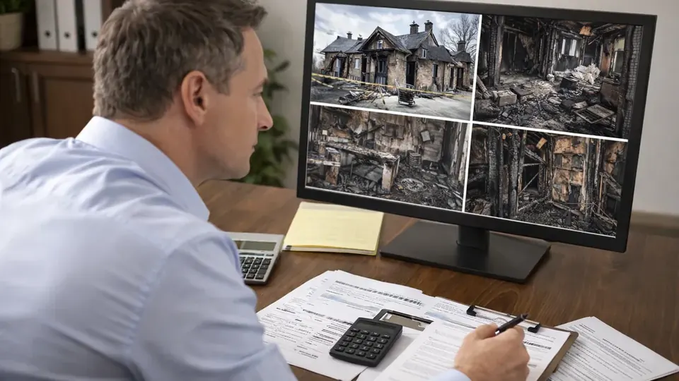 Soot-stained ceiling and walls inside a Dallas, Texas home after a fire