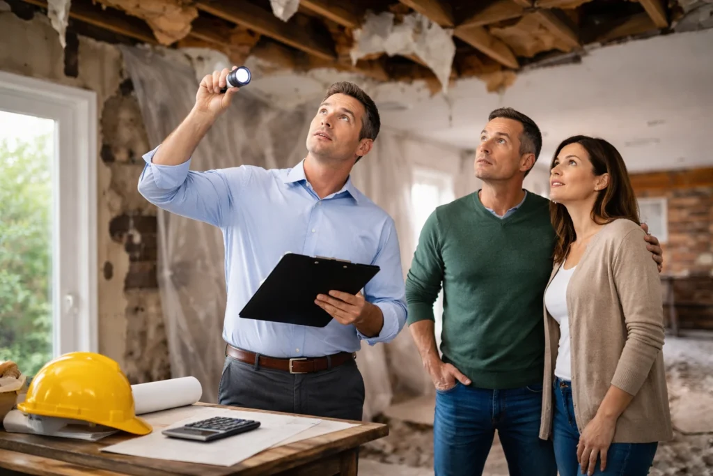 Adjuster with a clipboard and a couple inspecting a water-damaged ceiling inside a home
