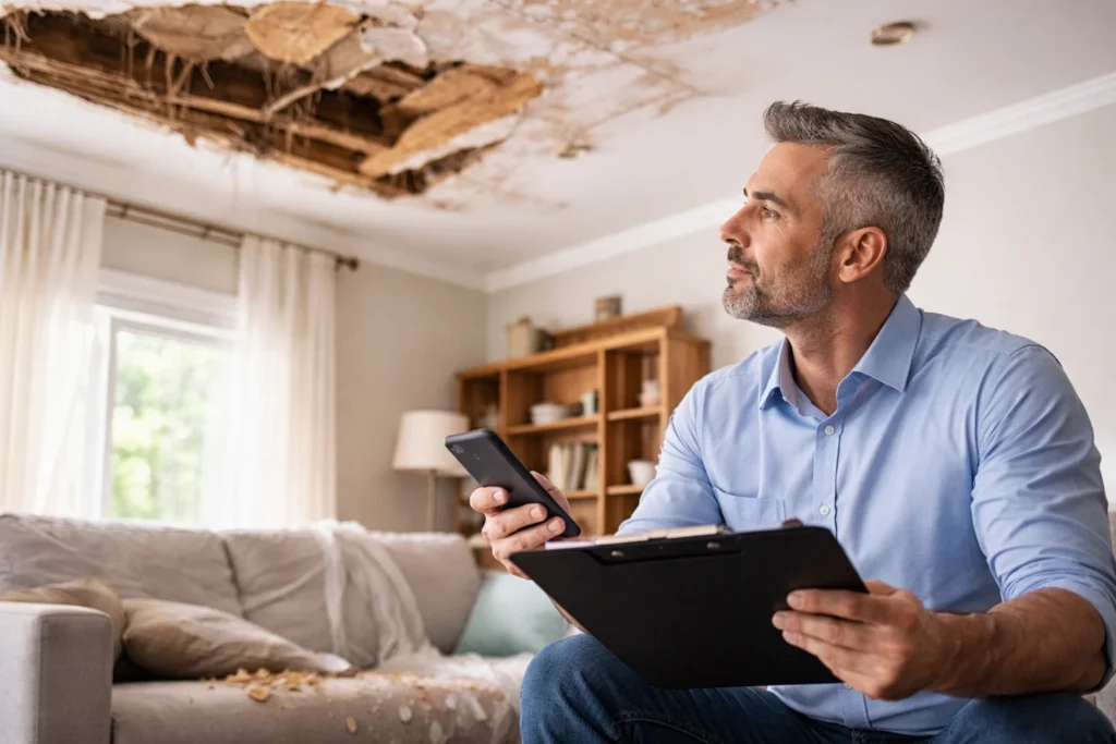 Homeowner on a sofa holding a clipboard and phone with a collapsed ceiling behind
