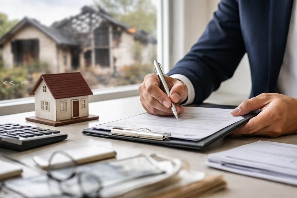 Hand signing claim papers next to a model house and calculator, with a burned house visible through the window